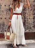 Purpdrank  Elegant Cotton Embroidered Patchwork Long Dress V-neck Short Sleeve A- line Skirt Independent Station Bestseller Wish