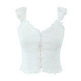 Purpdrank  White Spliced Mesh Lace Sexy Corset Women Summer Tank Tops Wood ears V neck Front Buttons Slim Through Buttons Crop Top