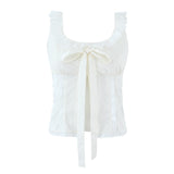 Purpdrank  French Style Vintage Bow Tie Blouse Tank Camis Women Lace Sexy White Sleeveless Women Vacation Party Beige Casual Ladies Tops