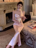 Purpdrank  Elegant Dresses Women Ribbon Sleeveless Sexy Slim Satin Spring Backless Mermaid Dress Party Vintage Temperament Female