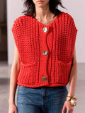 Purpdrank  Button Casual Retro Cropped Sweater Vest Women 2025 Summer Fall Fashion V-Neck Sleeveless Coarse Yarn Knitted Tops Female Jumper