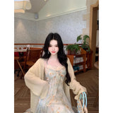 Purpdrank  Summer Floral Printed Long Dress Women Patchwork Lace Chiffon Fairy Dress Casual Gold Stamping Bow Tie Suspender Dress