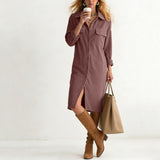 Purpdrank  Women's Corduroy Maxi Dress Lapel Collar Button Down Long Sleeve Casual Shirt Dress With Pockets Loose Side Slit Office Dresses