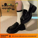 Purpdrank  Women's Retro British Style Black Leather Shoes 34-46 Large Size Uniform Single Shoes Thick Bottom Flat Heels round Toe