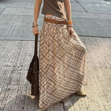 Purpdrank  Women's Summer Spring Half Skirt Plaid Mesh Low Waist Color Blocking See-through Thin Retro Simple Loose Casual Design Fashion