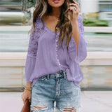 Purpdrank  Faionable Women's S2XL Blouse Lace irt Tops Summer Lady's Long Sve Cotton V-Ne Hollow out Splicing Bellsve