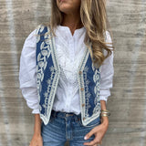 Purpdrank  Vintage Flower Embroidered Vest Coats Women's Sexy V-neck Loose Holiday Cardigan Elegant Sleeveless Single breasted Denim Jacket