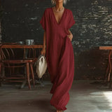 Purpdrank  Comfy Loose Fit Linen Cotton Maxi Dress Women Elegant V Neck Lace Trim Casual Dress Spring Summer Short Sleeve Pocket Boho Dress