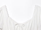 Purpdrank  Women White Bow V neck Spliced Lace High Waist Midi Dress Woman Retro French style Short Puff Sleeve Dresses Holiday Robe