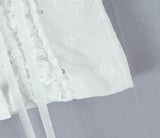 Purpdrank  Sweet White Embroidery Hollow Out Hole Splice Lace Peter Pan Collar Short Sleeve Shirt Women Ribbon Front Slim Crop Tops