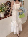 Purpdrank  French Style Chic Summer elegant Solid Sleeveless Slash Neck Flounced edge Patchwork Long Slim Woman Dress