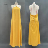Purpdrank  Sexy Satin Ribbon Party Dress Women Elegant Halter Backless Off Shoulder Sleeveless Maxi Dresses Summer Side Split Long Dress
