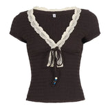 Purpdrank  Dark Brown Lace V Neck Tie Front Women's Chic Tops Short Sleeve Ruched Fitted Blouse New Lady Daily Commute Street Shirts