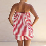 Purpdrank   Summer Striped Printed Backless Suit Casual Loose Vacation Woman Outfits Sexy Strapless Hollowed Out Top + Shorts Two Piece Set