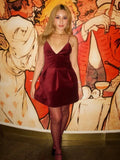 Purpdrank  Red Velvet Halter Short Dress Velvety V-Neck Fashion Sleeveless Elegant Waist Cinching French Dress Party Gown Women's Clothing