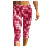 Purpdrank  Women Gingham Plaid Capri Leggings Lace Trim Waist Split Hem High Waist Slim Fit Casual Summer Pants Y2k Aesthetic Streetwear