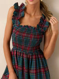 Purpdrank  Women Casual Sleeveless Pleated Long Dress Fashion Hight Waist Loose Party Dress Vintage Christmas Plaid Print Suspender Dress
