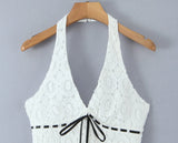 Purpdrank  White Embroidery Hollow Out Hole Lace Halter V Collar Backless Mini Dress Women Ribbon Bow Waist A-lined Short Dresses Robe