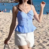 Purpdrank  New Summer Blue White Vertical stripes Print Camis Women Single-breasted Buttons Short Tank Tops Girl Sexy Slim Crop Top Tees