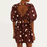 Purpdrank  Backless Lace Up Pleated Elegant Dresses Daily Casual Polka Dot Printed Mini Dress Summer Puff Sleeves Deep V-neck Women's Dress