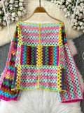 Purpdrank  Multicolor Crochet Cardigan Women Sheer Openwork Patchwork Knit Open Front Sweater Jacket  Boho Beach Vacation Festival Outfit