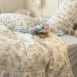 Purpdrank  3/4Pcs Flower Prints 100% Cotton Korean Princess Style Bedding Set Single Queen Duvet Cover Bed Sheet/Fitted Sheet Pillowcase