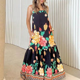 Purpdrank  Sexy Off Shoulder Holiday Suspenders Dress Elegant Flower Print Big Swing Long Dress Women Fashion Hight Waist Pleat Party Dress