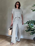 Purpdrank  Loose Striped Set 2 Piece Woman Loose Round Neck Short Batwing Sleeve Pullover High Waist Long Trousers Casual Lady Suit Summer