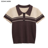 Purpdrank  Women Brown Beige Buttons Polo Collar Rib Knitted Short Sleeve Sweater Pullovers Knitwear All Match Knitting Tops Jumper