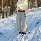 Purpdrank  Gray Vintage Striped Embroidery Women Sweatpants Double Waist American Style Straight Sports Pants Baggy Casual Hip Hop