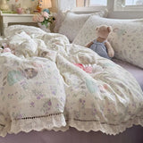 Purpdrank  Korean Style Girly Heart Floral Double Layer Gauze Four-Piece Set Princess Style Lace Trim Quilt Cover Bed Sheet Dormitory