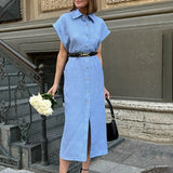 Purpdrank  Light Ripe Blue High Waisted Lace Up Dress Autumn Design Sense with A Lapel Cotton Linen Shirt Skirt and Long Skirt