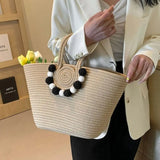 Purpdrank  Portable Straw Woven Tote Bag Handmade Large Capacity Shoulder Bags Hollow Out Button Braided Underarm Bag Women