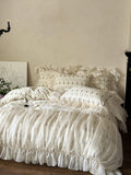 Purpdrank  100% Cotton Vintage French Rose Print Pleat Lace Ruffles Princess Bedding Set Duvet Cover Bed Sheet/Fitted Sheet Pillowcase 4Pcs