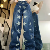 Purpdrank  Splicing Star Print Design American High Street Jeans Women's Niche Loose Straight Leg Pants