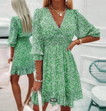 Purpdrank  Dresses Women V Neck Low Cut Boho Print Dress Ruffled Half Sleeve Dresses Summer New Fashion Chic Elegant Dress