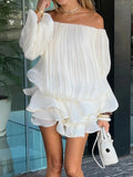Purpdrank  Fashion Temperament Hight Waist Short Dress Casual Draped Solid Ruffle Mini Dress Women's Elegant Off Shoulder Long Sleeve Dress