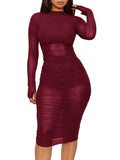 Purpdrank  Autumn Dresses Women's Fashion Solid Color Long Sleeve Crew Neck Below Knee Bodycon Casual Dresses