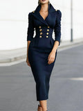 Purpdrank  Elegant Lapel V-neck Commuting Long Dress Casual Long Sleeves Draped Wrap Hip Dress Women Fashion Button Slim Solid Party Dress
