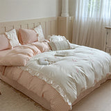 Purpdrank  Rose Flowers Embroidery 100% Cotton Korean Princess Style Plaid Bedding Set Duvet Cover Flat/Fitted Bed Sheet Pillowcases 4Pcs