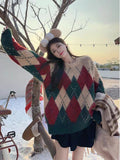 Purpdrank  Red Green Argyle Sweater for Women Comfy Knitted Crew Neck Loose-fit Pullovers Female Christmas Sweater Autumn Winter Outfit