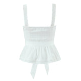 Purpdrank  New Holiday White Spliced Lace Strap Camis Women Summer Open Buttons Front Tie Bow Sashes Tank Tops V neck Ruffles Hem Crop Top