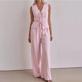 Purpdrank  Trousers Suit Office Lady Outfits Elegant Women Loose Two Piece Set Sleeveless Lace Up Vest Top Elastic Waist Wide Leg Pants Set