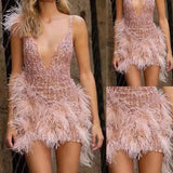 Purpdrank  Plus Size European American Women's Clothing Mini Dress Sexy Deep V Neck Feather Tank Dress Party For Nightclub