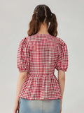Purpdrank  Women’s Tie Front Peplum Tops Summer Cute Puff Short Sleeve Round Neck Plaid Print Loose Shirts Spring Fall Preppy Blouses Y2K