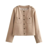 Purpdrank  Luxury Spring Autumn Bomber Jackets New Single-Button O-Neck Pocket Soft Short Tops Long-Sleeve Jacket for Women Harajuku Coats