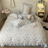 Purpdrank  3/4Pcs Flower Prints 100% Cotton Korean Princess Style Bedding Set Single Queen Duvet Cover Bed Sheet/Fitted Sheet Pillowcase