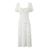 Purpdrank  Retro French Style Fruit Cherry Print Midi Long Dress Puff Sleeve Chest Ruched Bow Square Collar Hem Slit Swing Robe Fairy