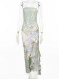 Purpdrank  Women's Elegant Floral Print Strapless Bodycon Maxi Dress Ruffle Hem High Slit Vacation Party Dress