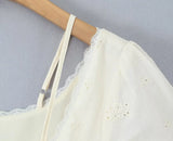 Purpdrank  Retro Beige Hollow Out Embroidery Mini Dress Sweet Girl Short Sleeve A-line Slim Summer Dresses Holiday Robe